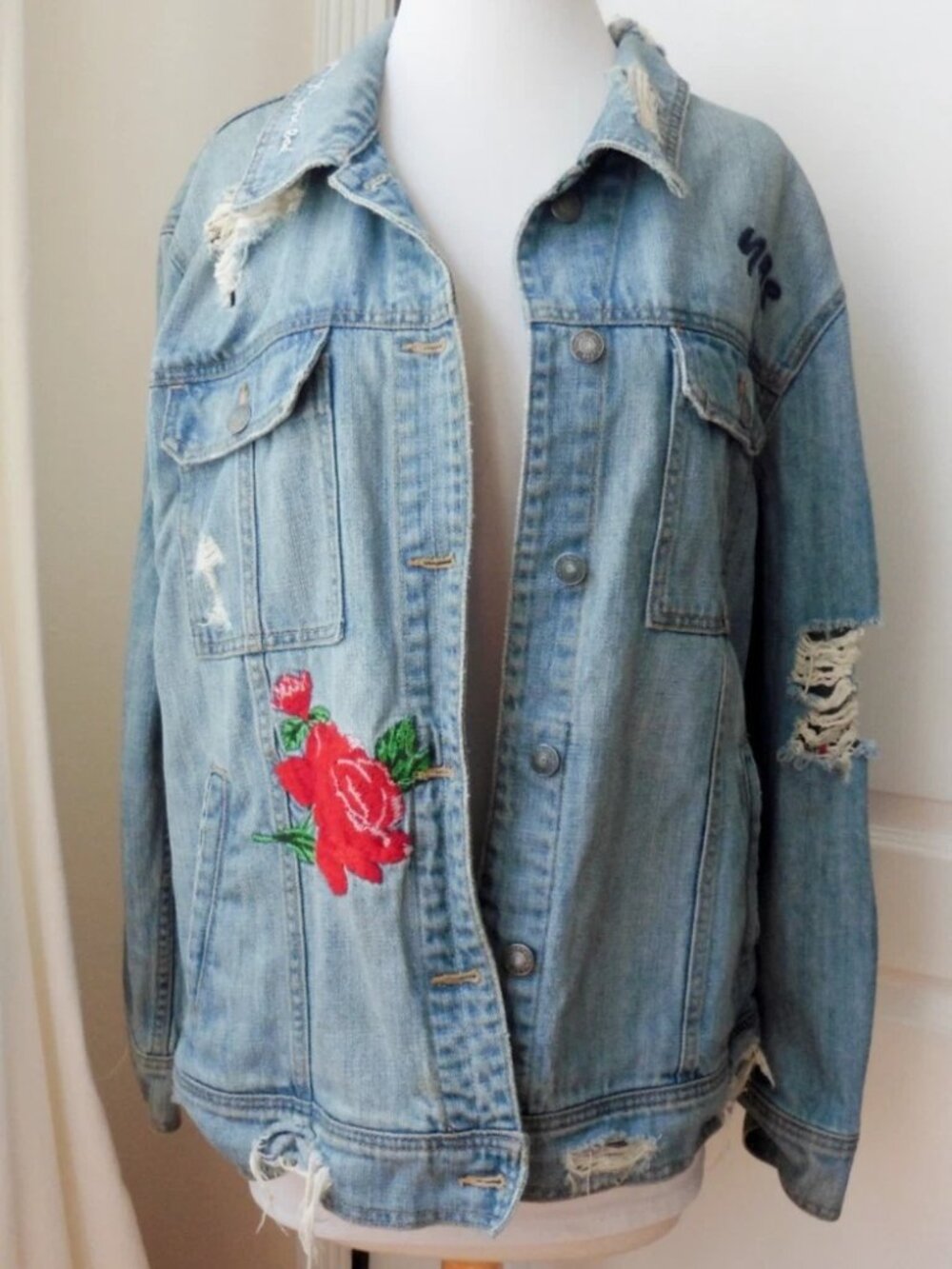 Hidden Jeans "Nobody Asked You" Embroidered Distressed Denim Jacket Large